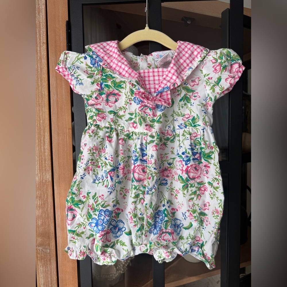 Vintage 90s floral romper bubble sailor bows collar bib flowers print baby girl